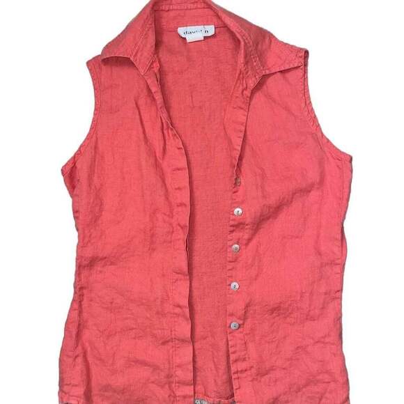 David N Tops - David N Blue Sleeveless Button-Up Collar Linen-like Blend Top